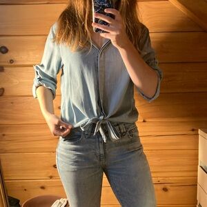 Women’s small long sleeve button down tie waist blouse